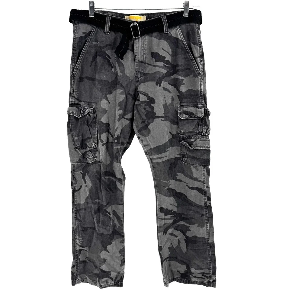 Wrangler Belted Cargo Camo Pants Men's 34X30 Gray Utility Tactical Outdoors Hike